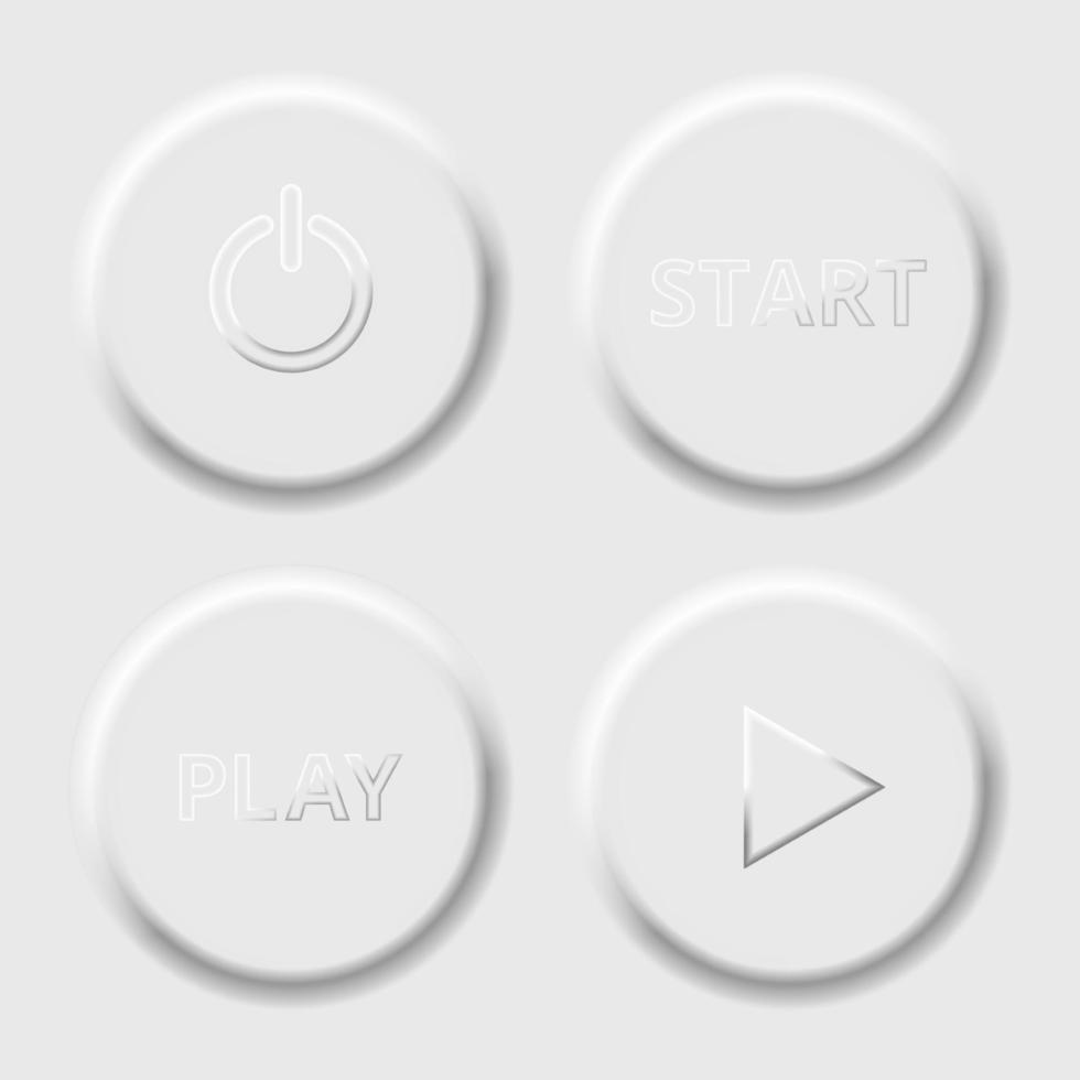 Set play button icon on grey background. Realistic grey buttons. Neumorphic design. Neomorphic buttons set vector