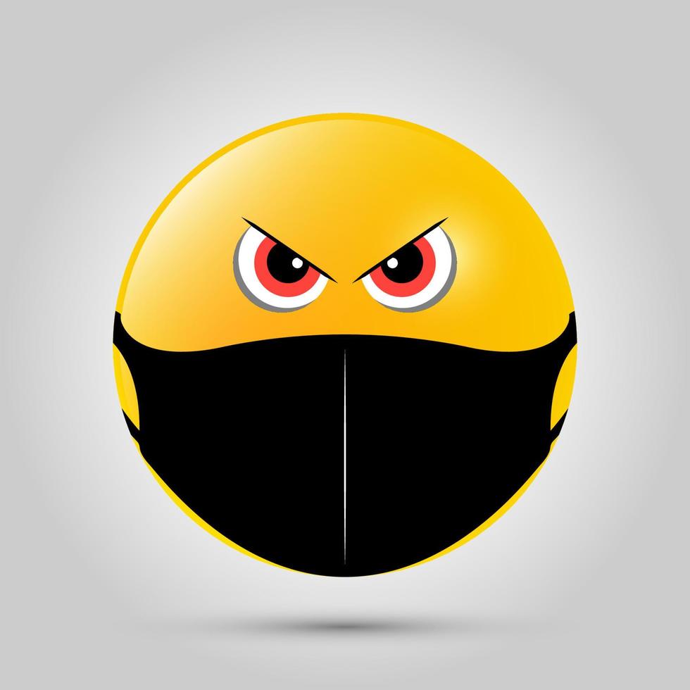 Emoji with black mouth mask. Yellow emoji icon on grey template. Vector illustration