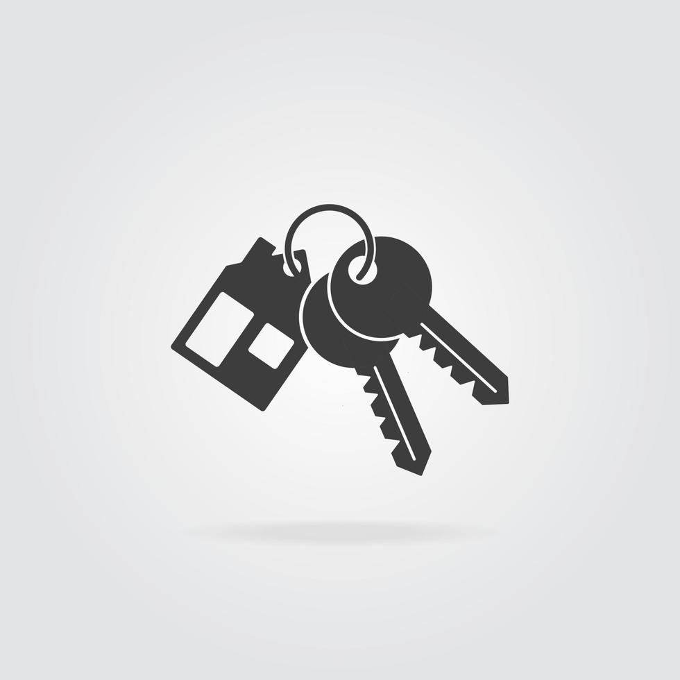 House key chain with two keys. Mortgage or rent house concept icon. Silhouette, of bunch keys. Vector