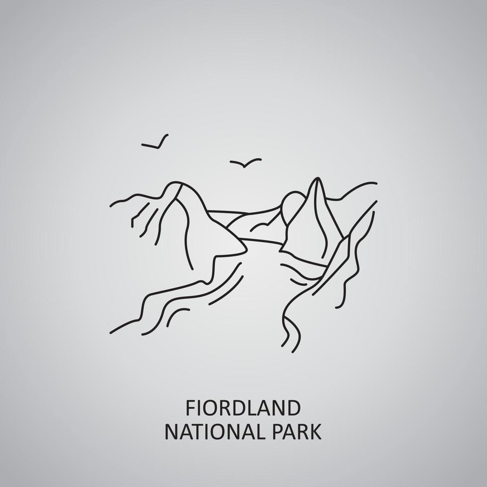 icono del parque nacional de fiordland sobre fondo gris. nueva zelanda, sur. icono de línea vector