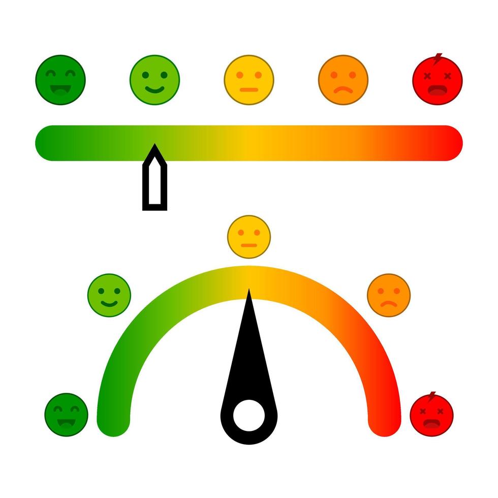 escala de colores con flecha. establecer escala. diseño de arte de diferentes emociones de rojo a verde. plantilla de barra de progreso. vector