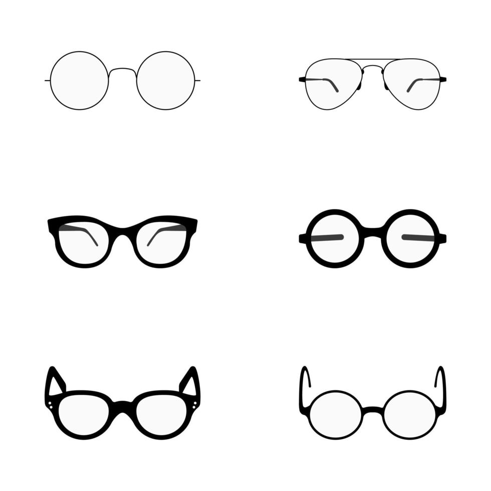 A set of glasses isolated. Various shapes spectacles. Sunglasses, eyeglasses black silhouettes isolated on white. vector