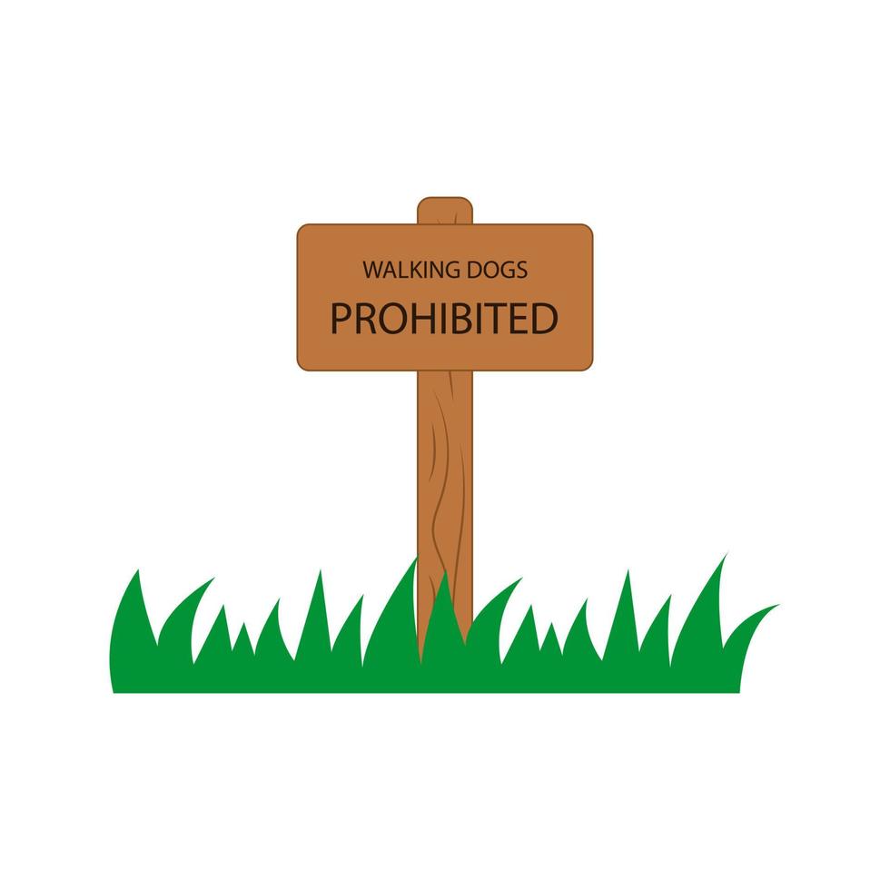 Walking dog prohibited. Wooden blank sign board on grass with text. No dogs allowed. Vector