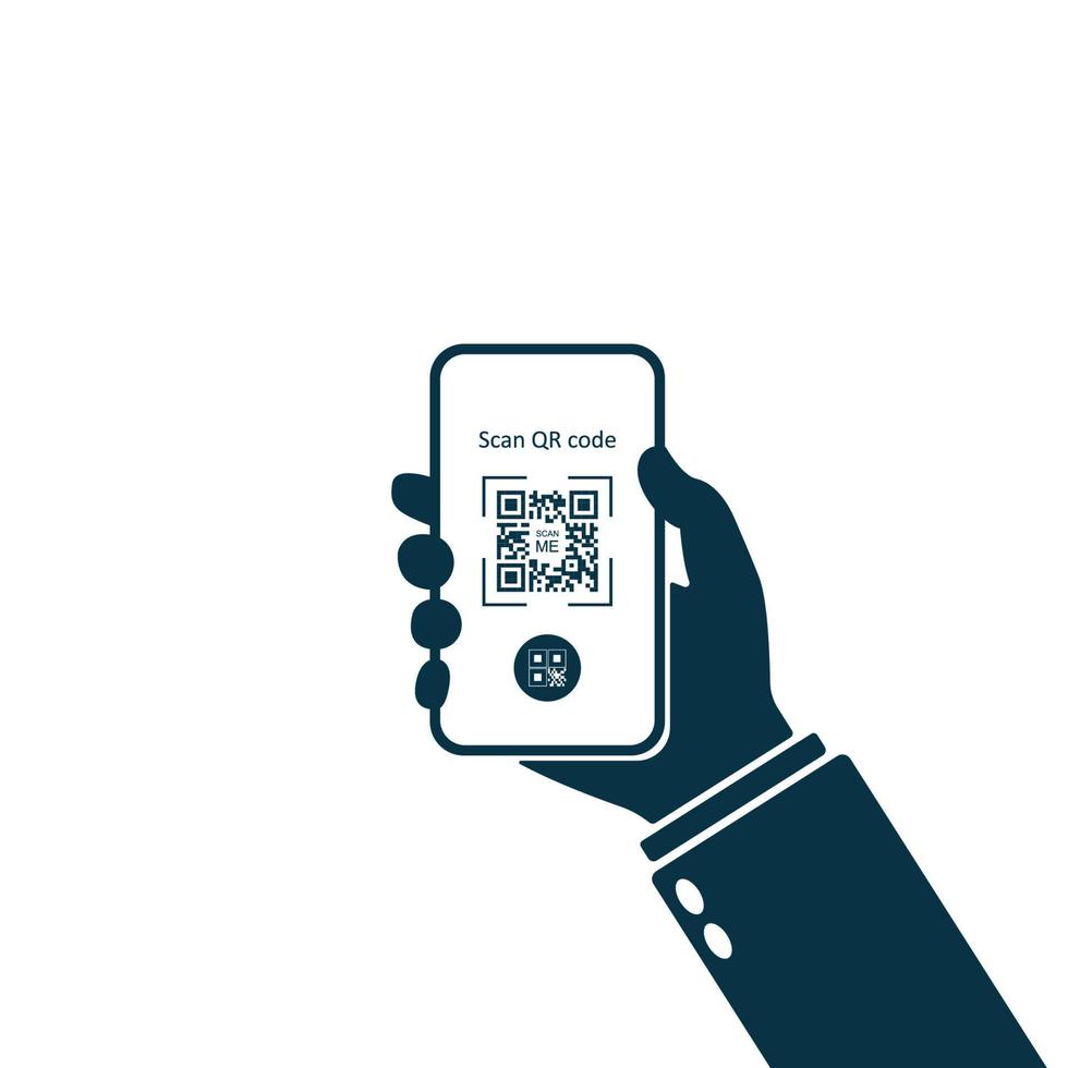 aplicación móvil para escanear código qr. mano que sostiene el teléfono inteligente. escanear icono de código qr, aplicación de teléfono, escáner de código de barras. vector