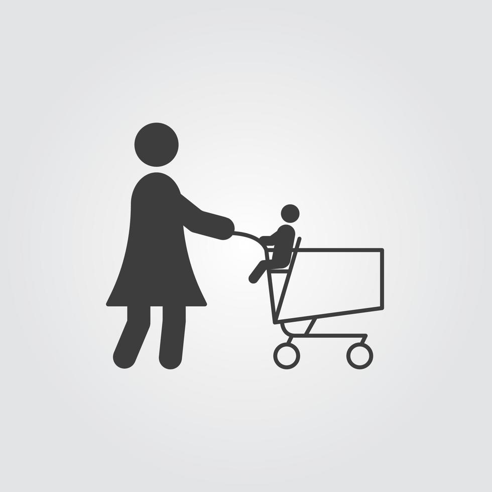 Mother with baby using shopping cart icon. Shop trolley with sitting child and woman. Vector