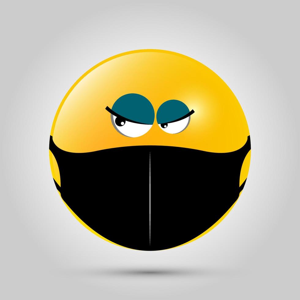 Emoji with black mouth mask. Yellow emoji icon on grey template. Vector illustration