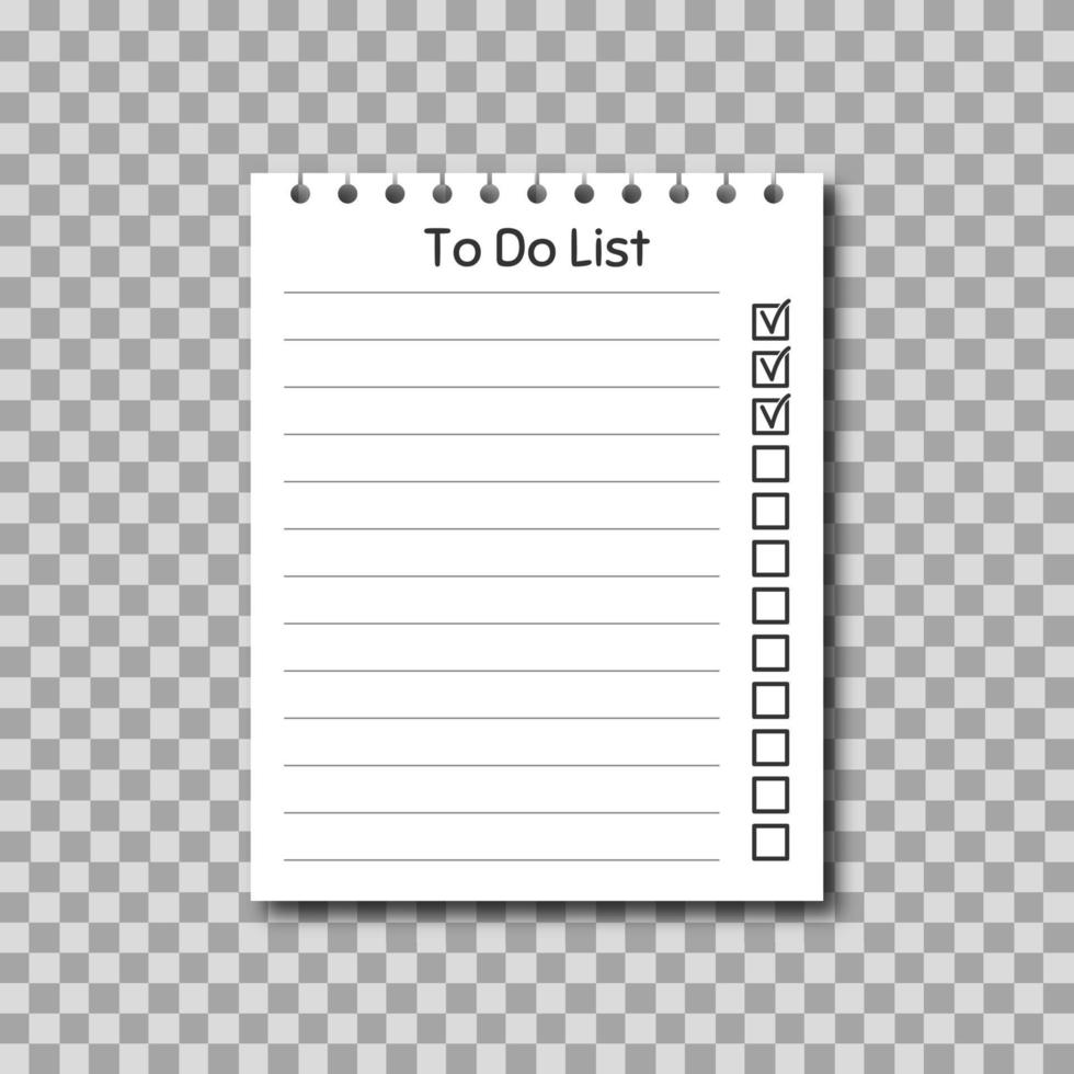 Planner and to do list on transparent background. Realistic white paper with checkmark vector