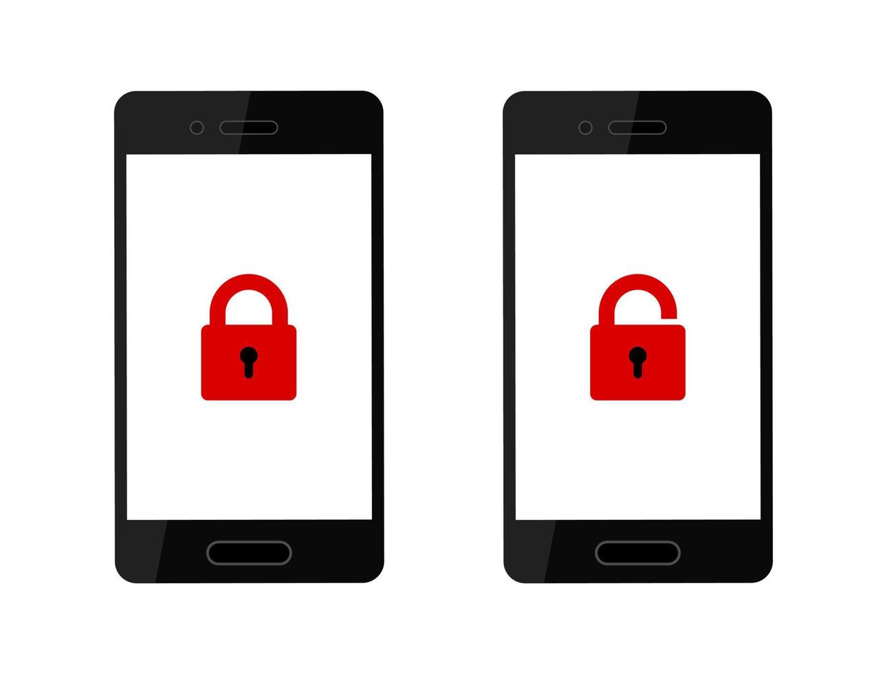 Realistic set unlocked phone and locked phone, red lock icon on smartphone screen vector