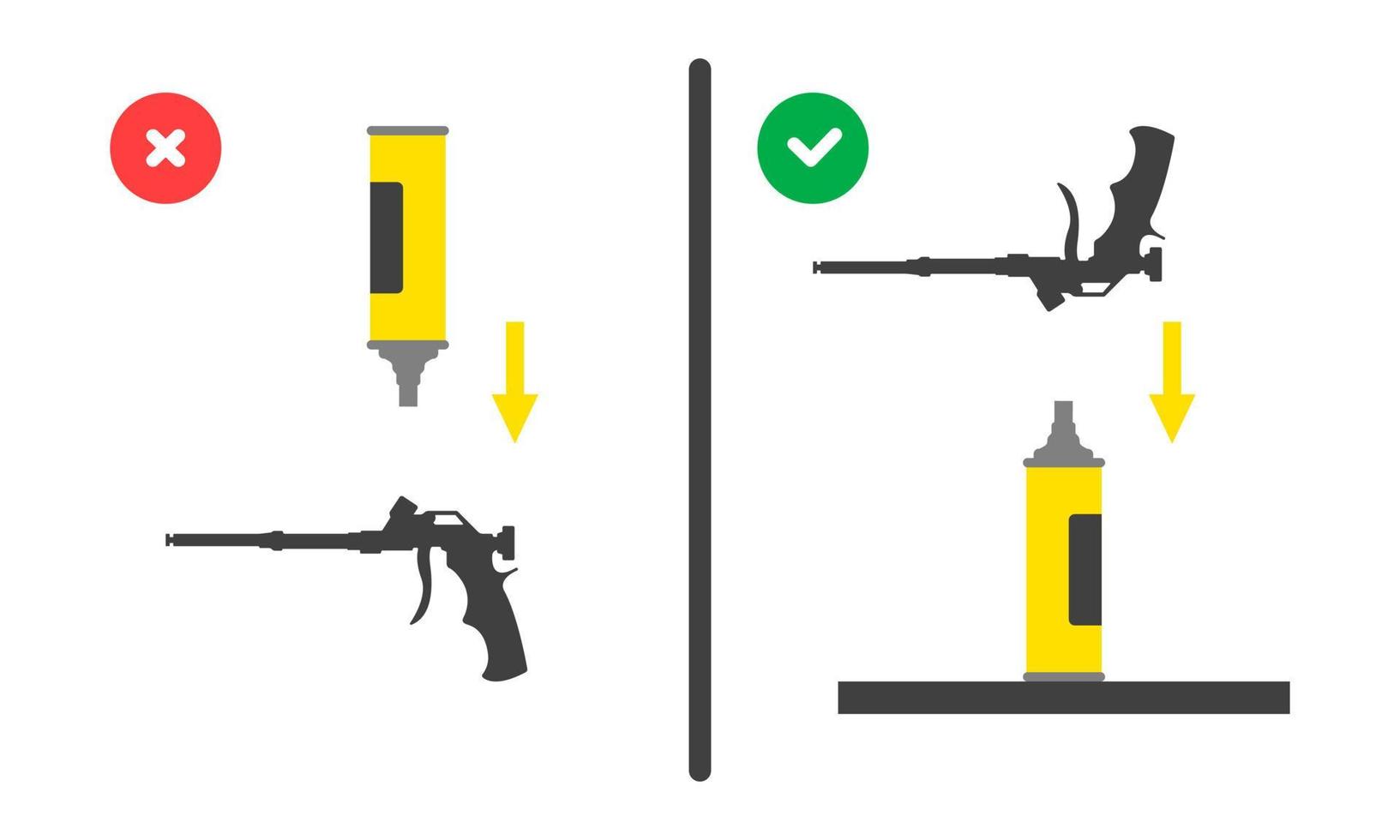 posición del globo durante la instalación de la pistola de montaje. Uso correcto e incorrecto de la herramienta de montaje. vector