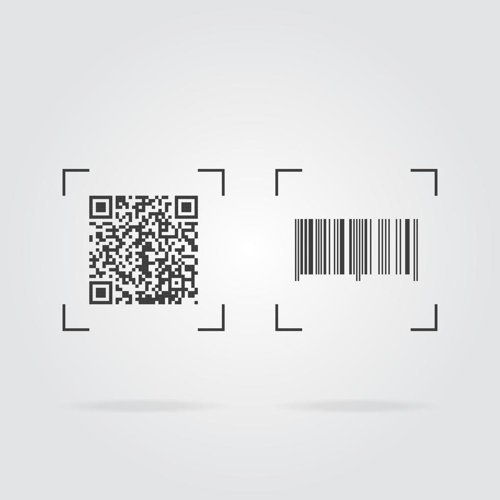 Scan qr and barcode icon on grey background with shadow. Sample qr code and barcode with frame. Vector