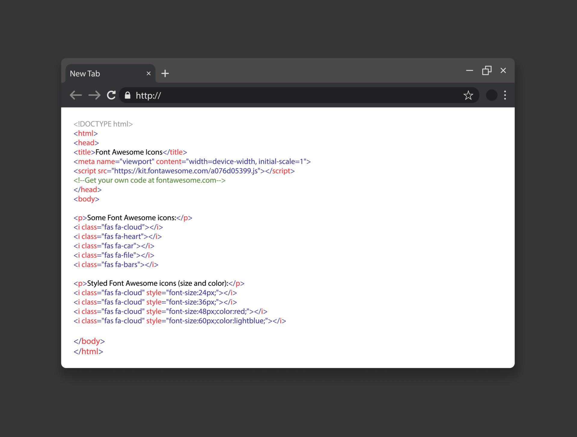 Realistic browser window with css code. Simple html code on web page ...