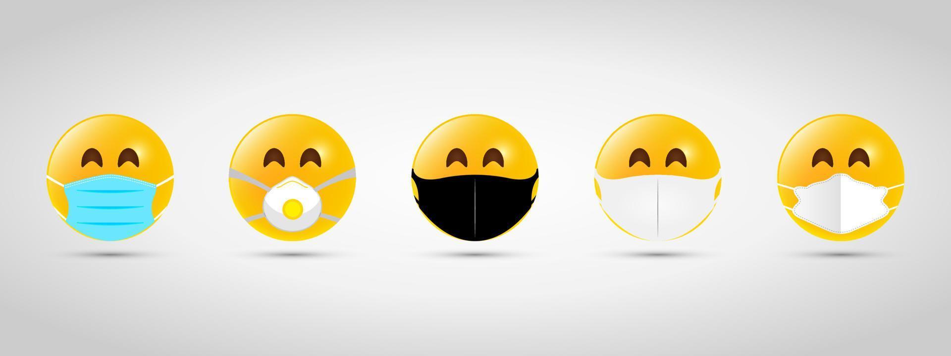 establece emoji con máscara de boca en blanco y negro. icono de emoji amarillo en plantilla gris. ilustración vectorial vector