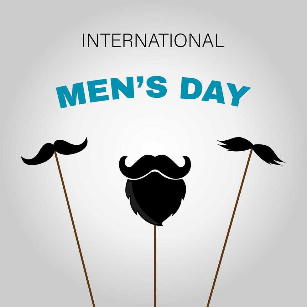 International men's day. Greeting card with party masks beard and mustache on sticks. Postcard icon vector