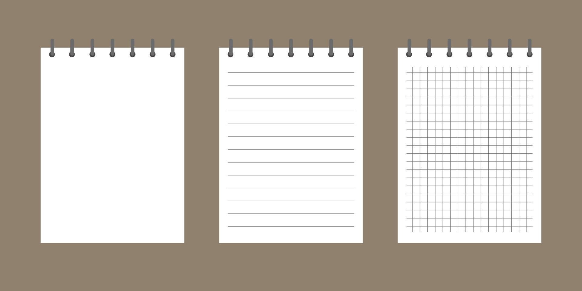 Template notebook empty paper. lined, squared and blank paper sheet. Notepad mockup with spiral. Vector