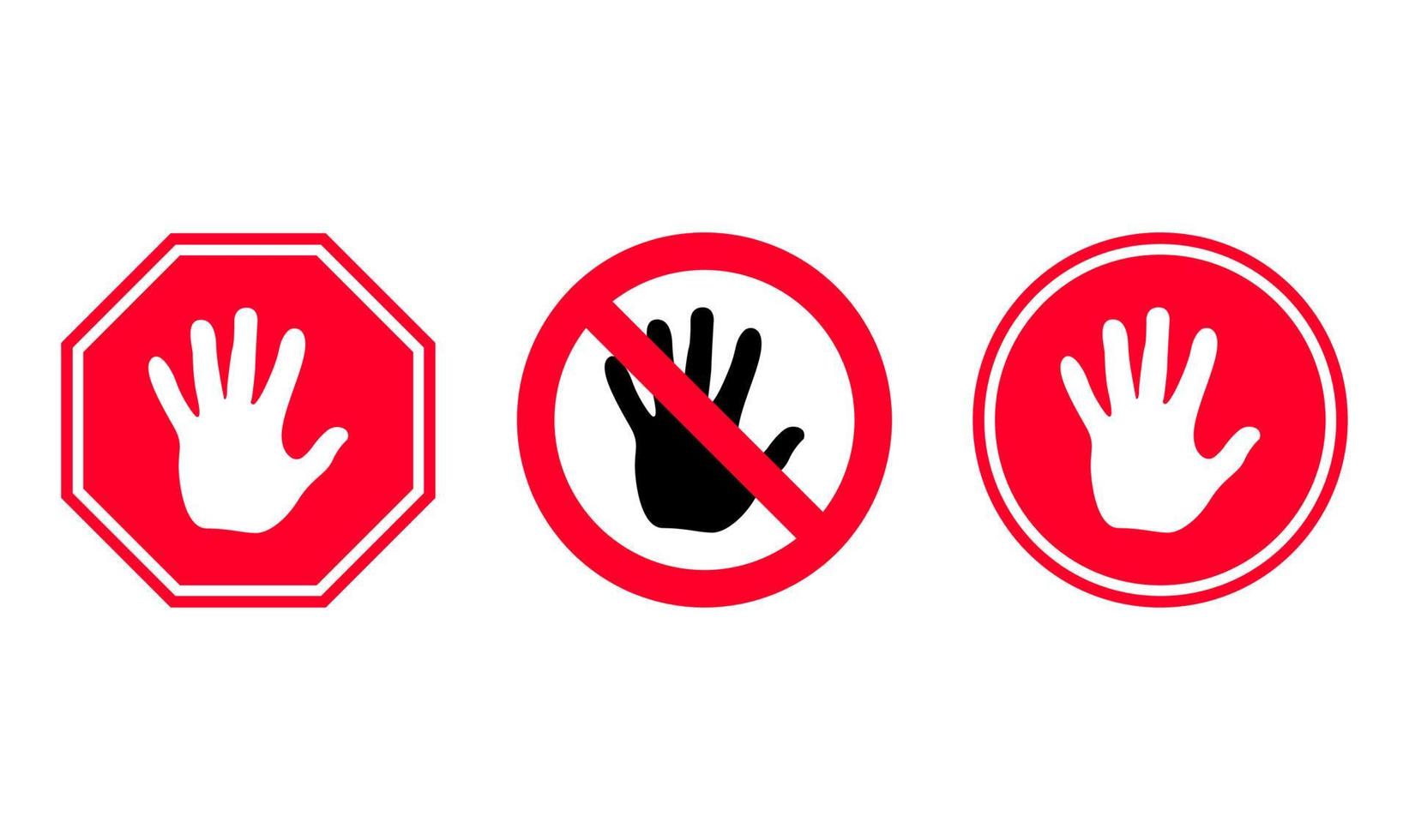 Set simple red stop sign with big hand symbol on different road sign on white background. Palm icon vector