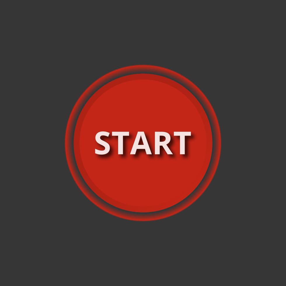 Start button icon. Red realistic button on dark background. Neumorphic design vector