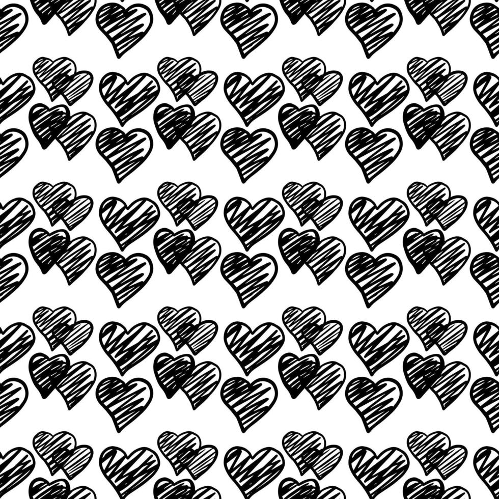 Black hand drawn geometric hearts seamless pattern on white background. vector