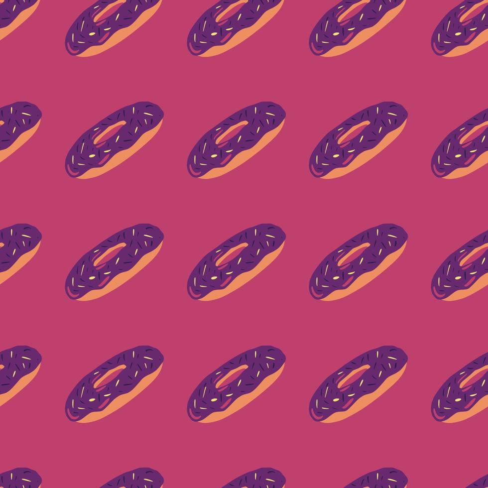 Delicious seamless pattern with purple colored donuts elements. Pink background. Tasty food backdrop. vector