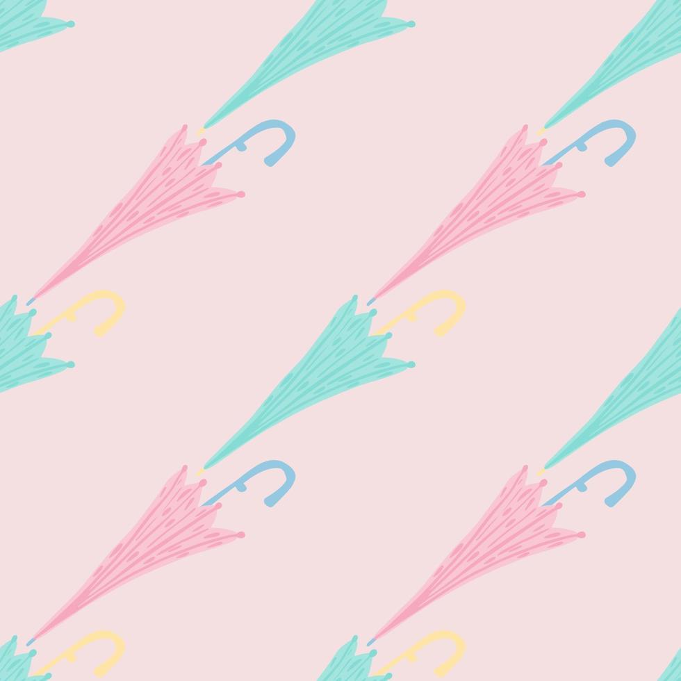 Tender seamless pattern with fashion blue and pink umbrella elements. Light pink background. vector