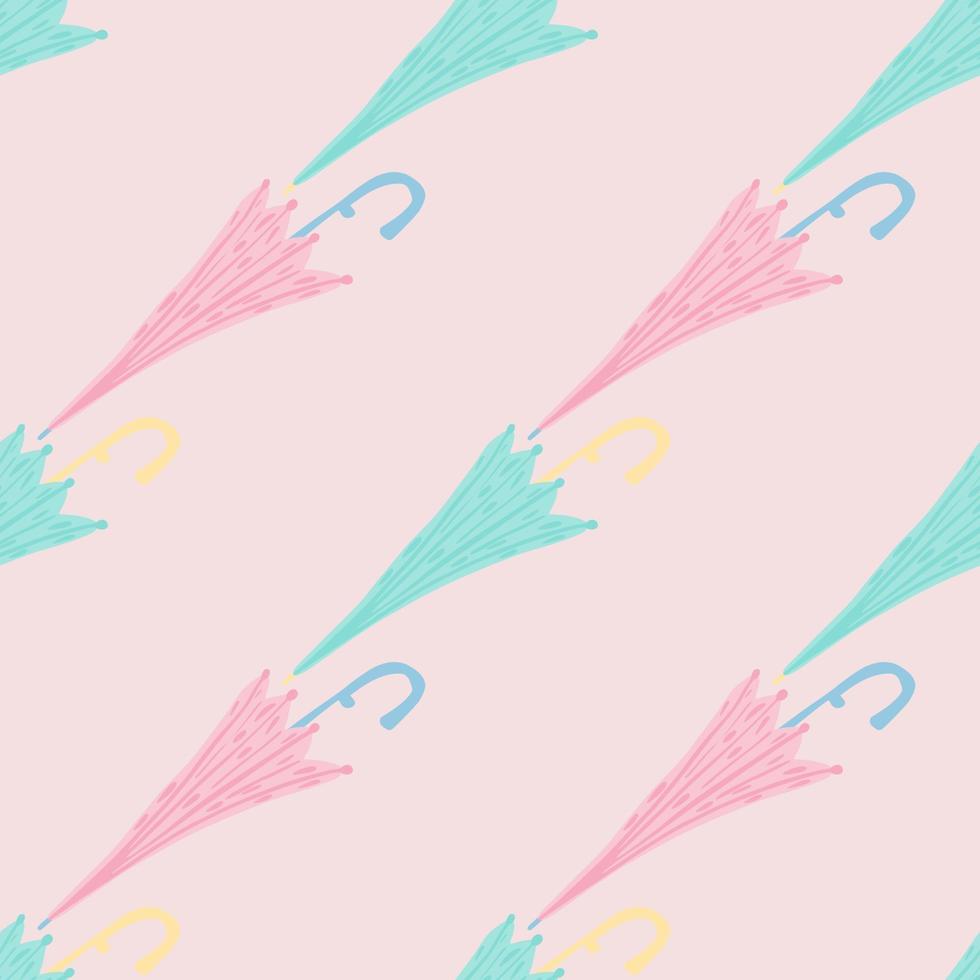 Tender seamless pattern with fashion blue and pink umbrella elements. Light pink background. vector