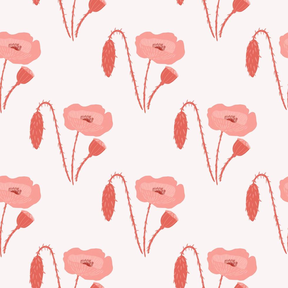 Simple seamless doodle pattern with pale red poppy flowers. Light grey background with stylized botanic silhouettes. vector