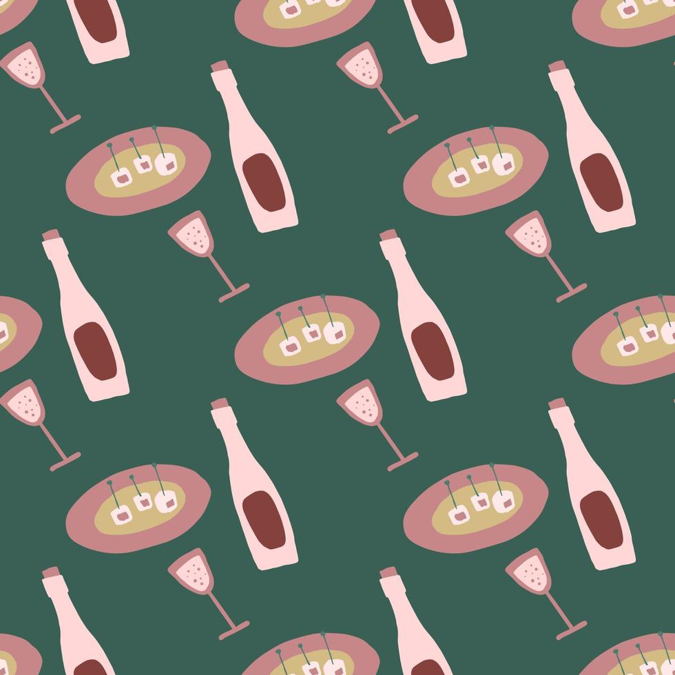 Hand drawn simple food silhouettes seamless pattern. Dinner with wine romantic sketch. vector