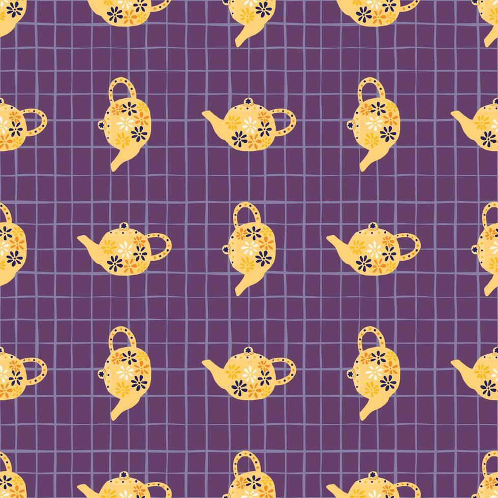 Bright orange teapots seamless doodle pattern. Purple background with check. Kitchen backdrop. vector
