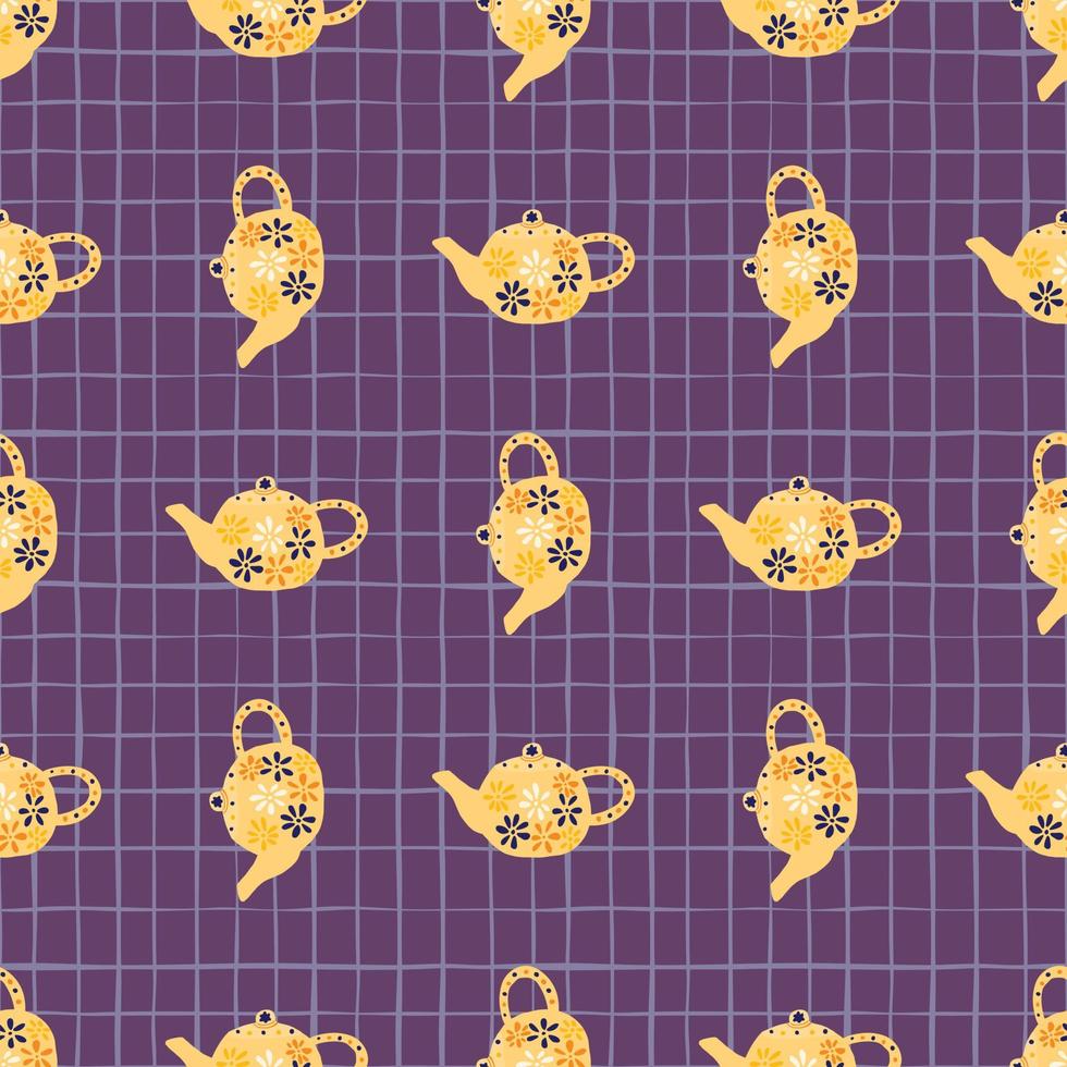 Bright orange teapots seamless doodle pattern. Purple background with check. Kitchen backdrop. vector