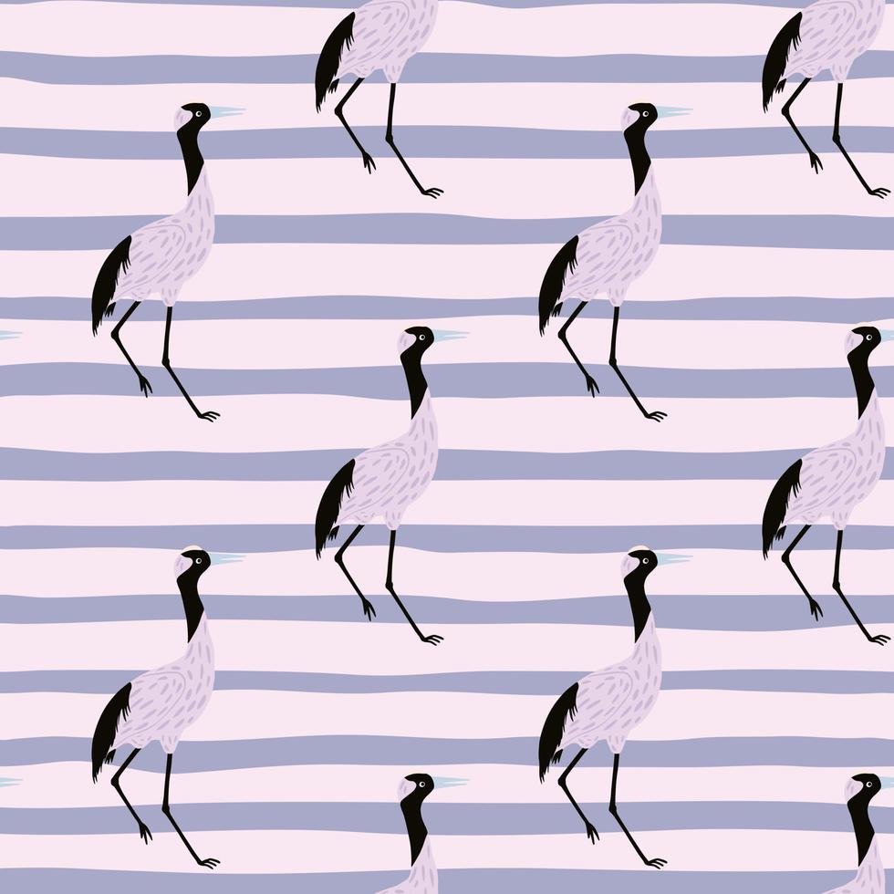 Scrapbook seamless pattern with cartoon crane silhouettes ornament. Striped background. Simple design. vector