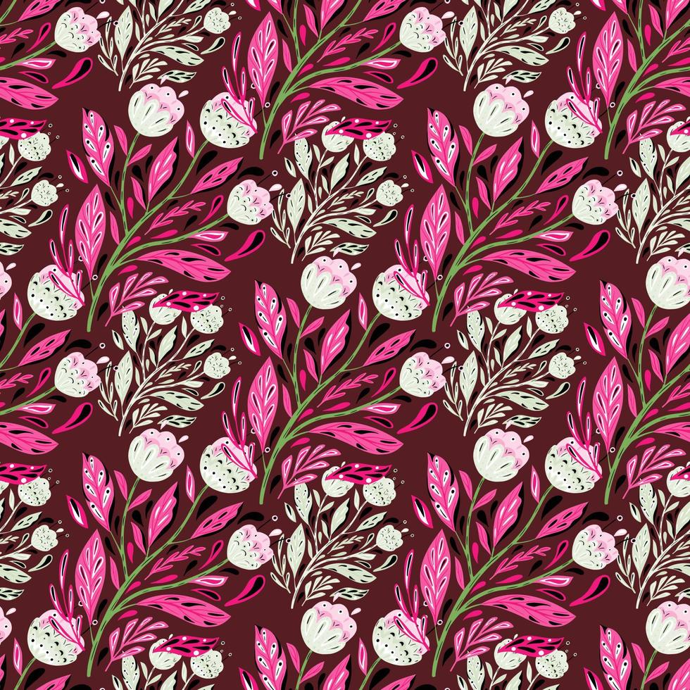 Nature seamless pattern with botanic folk bouquet flowers elements. Maroon background. Pink foliage. vector
