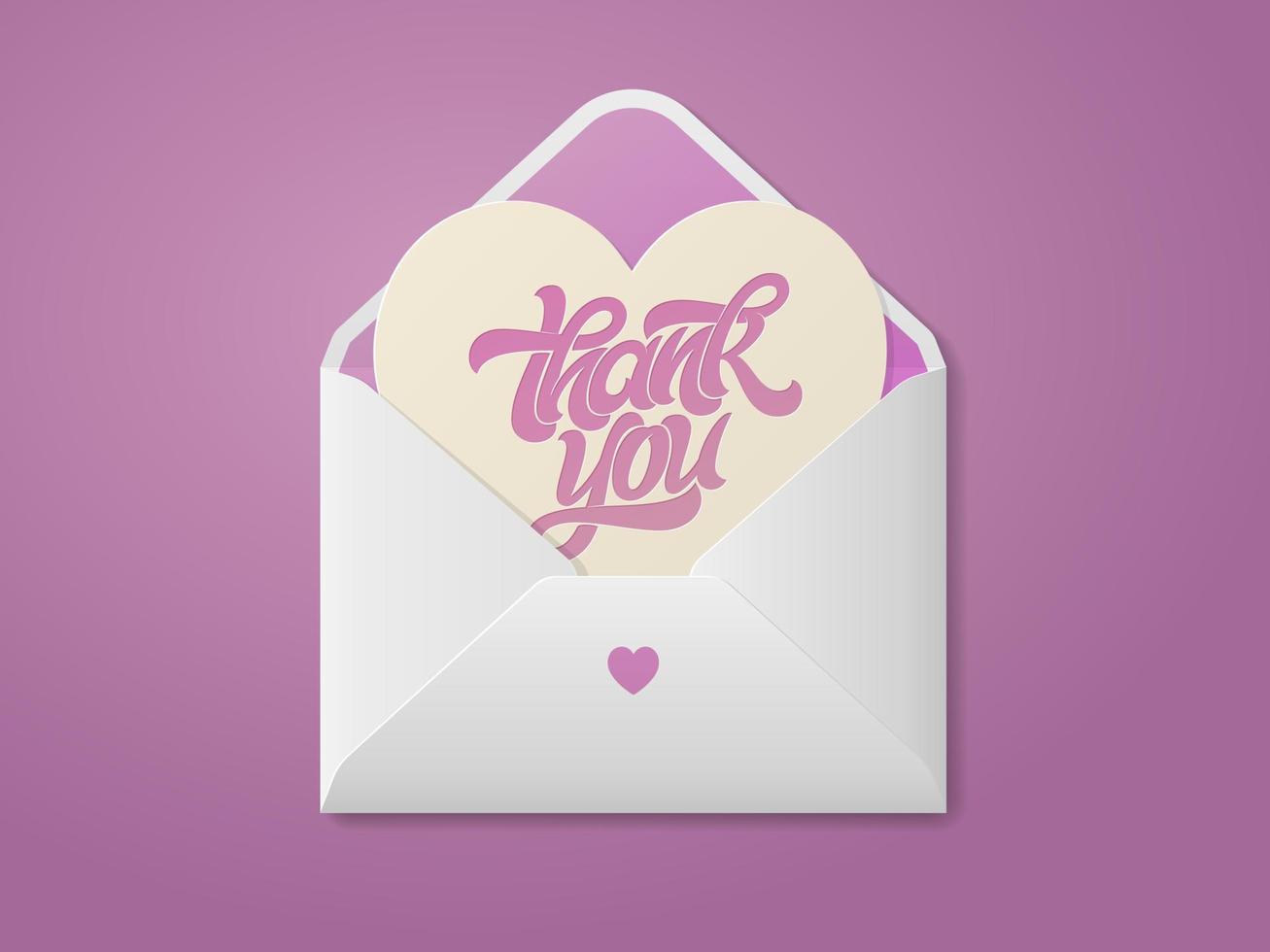 tarjeta de felicitación en forma de corazón con inscripción gracias en sobre abierto. ilustración vectorial romántica. Letras de pincel escritas a mano para postal, pancarta, afiche. ilustración vectorial vector