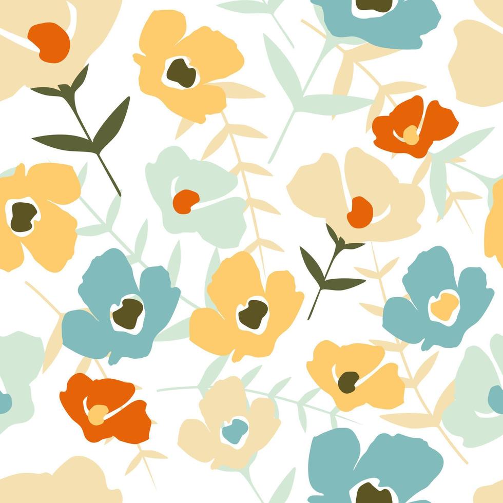 Folk floral seamless pattern on white background. Modern abstract little flowers and leaves vector