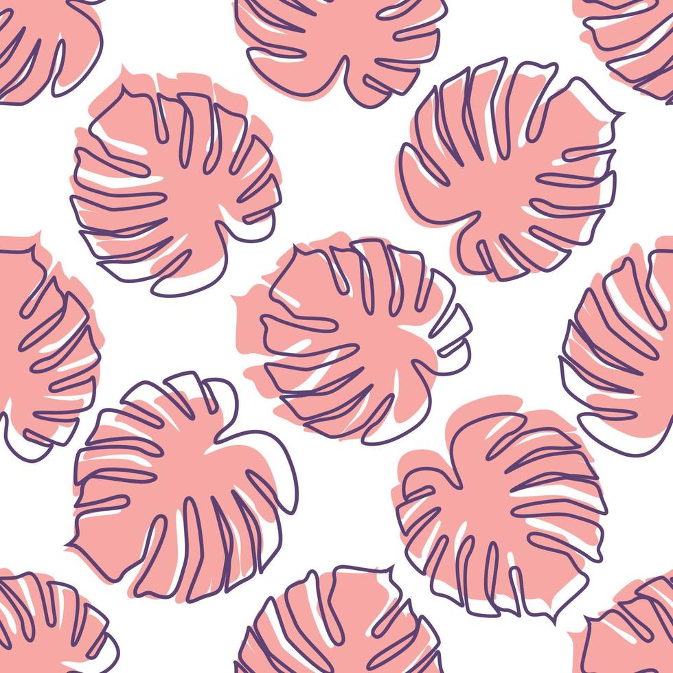 Monstera leaves seamless pattern in outline style. Modern botanical leaf backdrop. vector