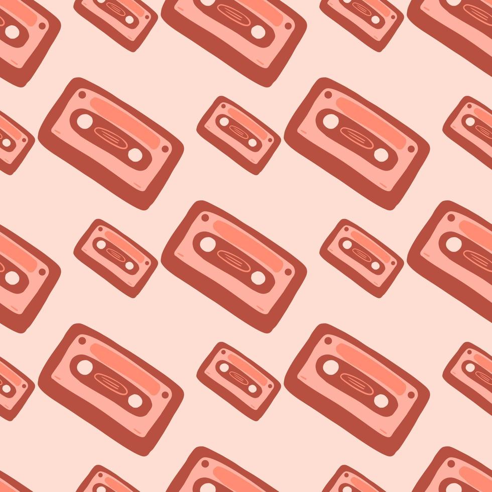 Doodle cassette seamless stylized pattern. Red ornament on light pink background. Simple backdrop. vector
