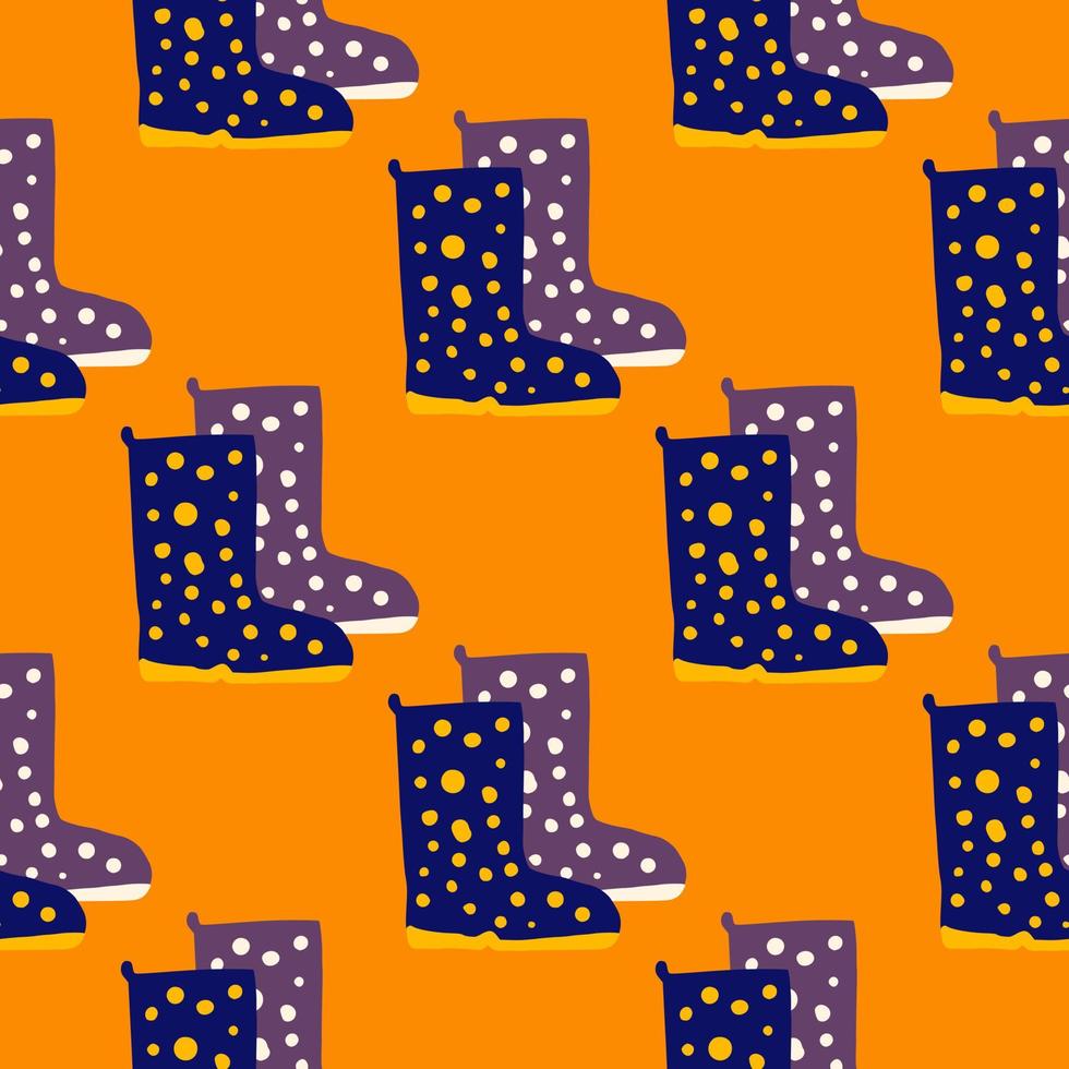 Bright doodle seamless pattern with boots silhouettes. Purple shoes ornament with dots on orange background. vector