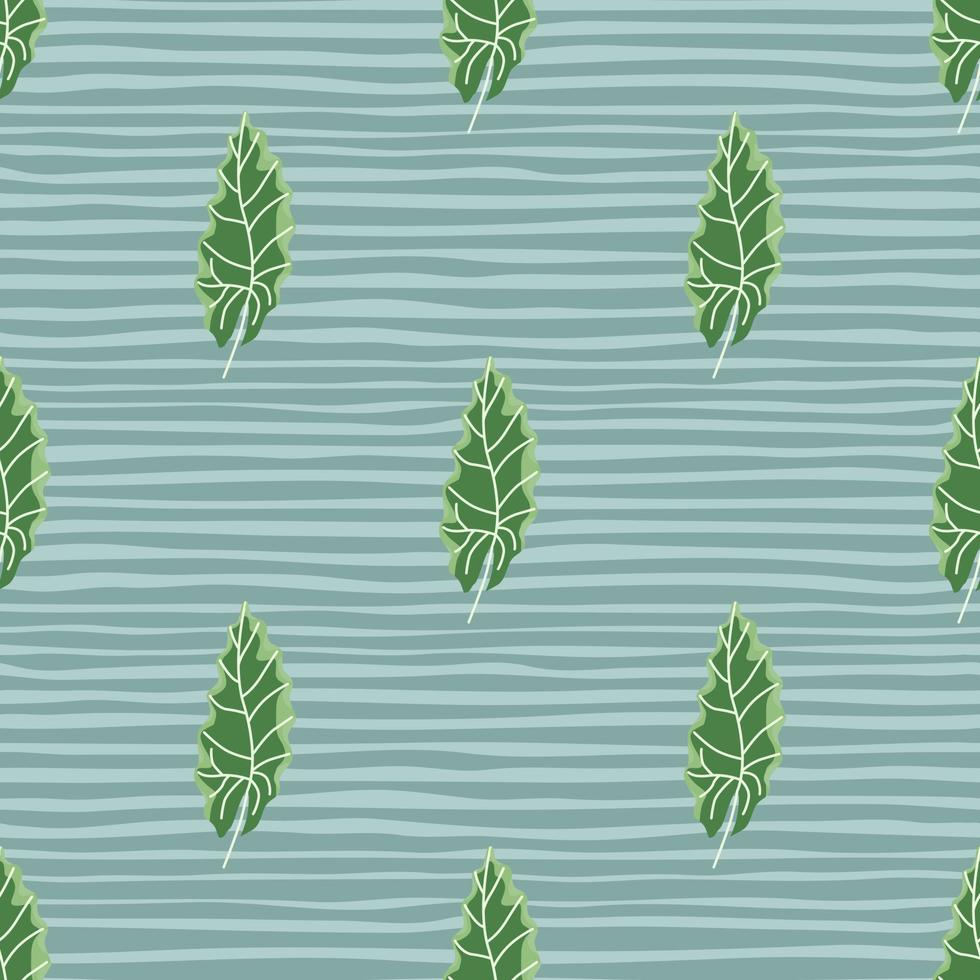 Decorative seamless pattern with bright green autumn oak leaves print. Blue striped background. vector