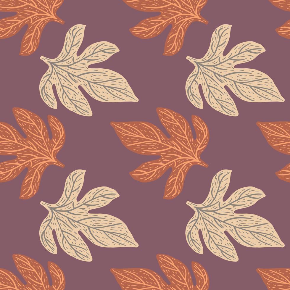 Seamless nature pattern with orange and light foliage shapes. Leaves print on pastel purple background. vector