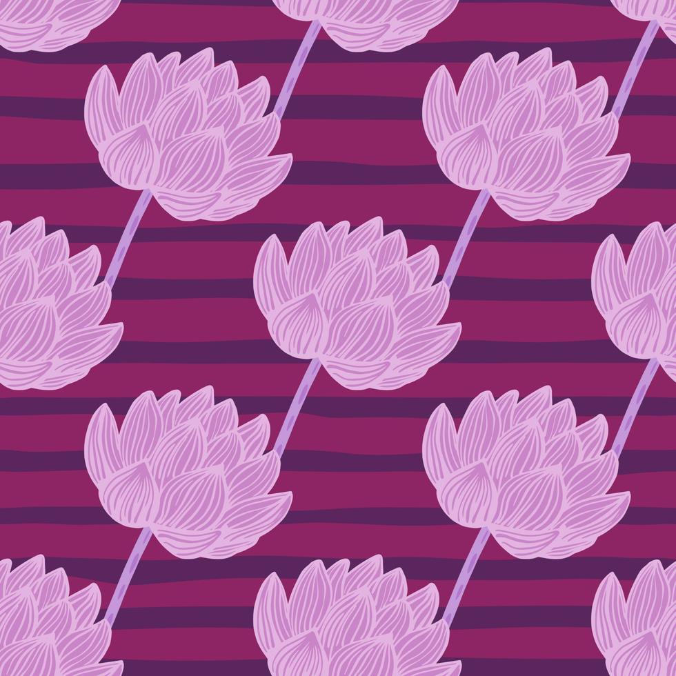 Abstract botanic asian seamless pattern with lilac contoured lotus flower shapes. Pink and purple striped background. vector