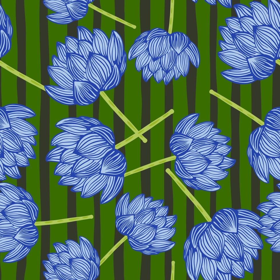 Random bright flora seamless pattern with doodle blue random lotus ornament. Green striped background. vector