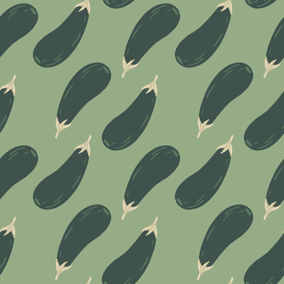 Geometric eggplants seamless pattern on green background. Aubergines wallpaper. Doodle vector illustration.