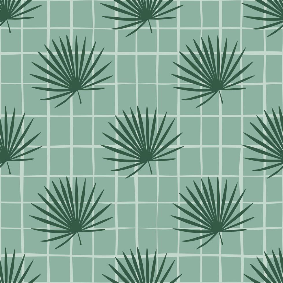 Abstract seamless talipot leaf pattern. Green botanic ornament on soft blue chequered background. Hawaii backdrop. vector