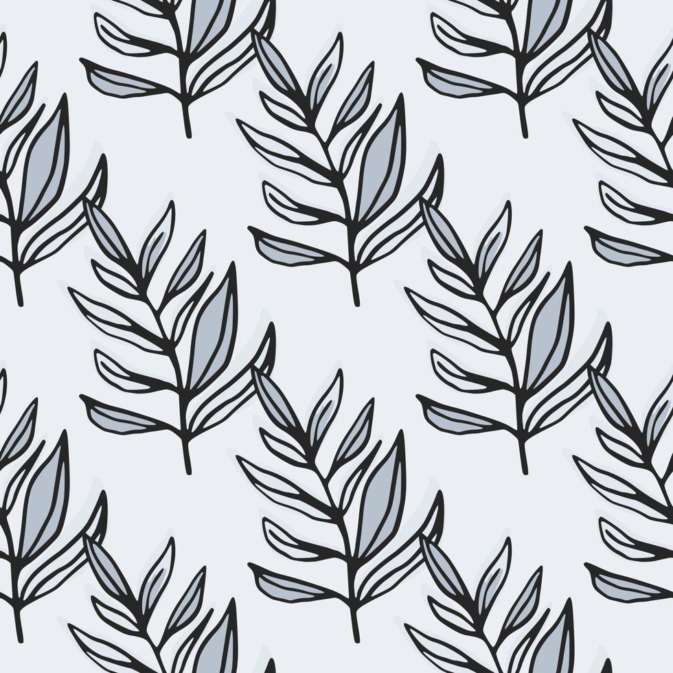 Seamless pattern with outline hand drawn leaves ornament. Light background with navy blue contoured elements. Simple backdrop. vector