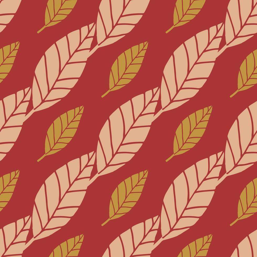 Bright botanic seamless pattern with small yellow and middle light leaves. Pastel red background. vector