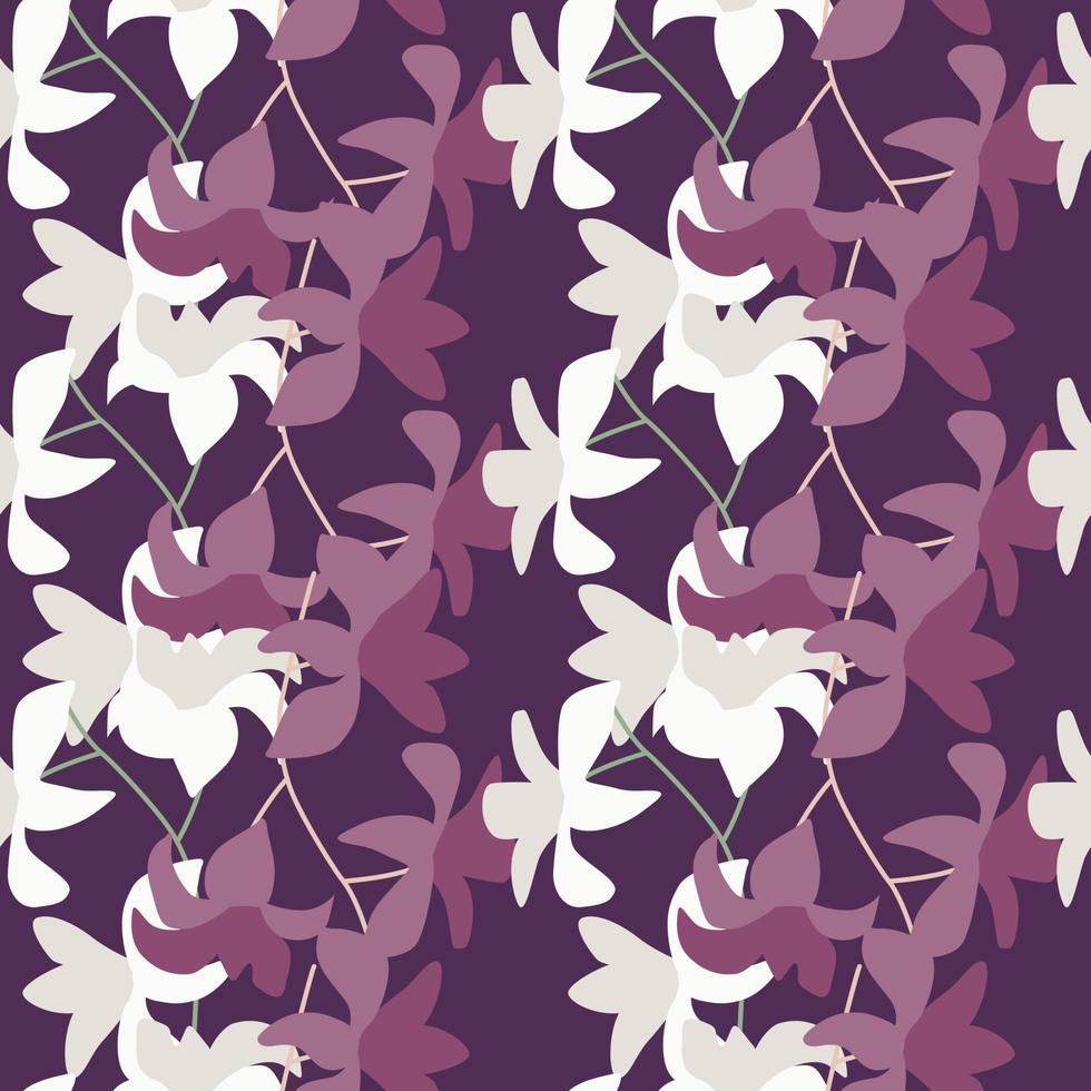 Jungle seamless pattern with tropic nature hawaii flowers shapes. Purple and white colors. Creative style. vector