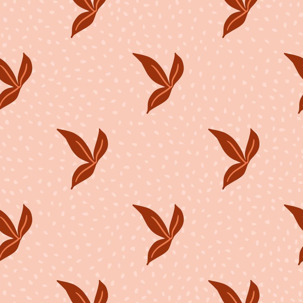 Decorative floral seamless pattern with red simple leaf silhouettes print. Pink dotted background. vector