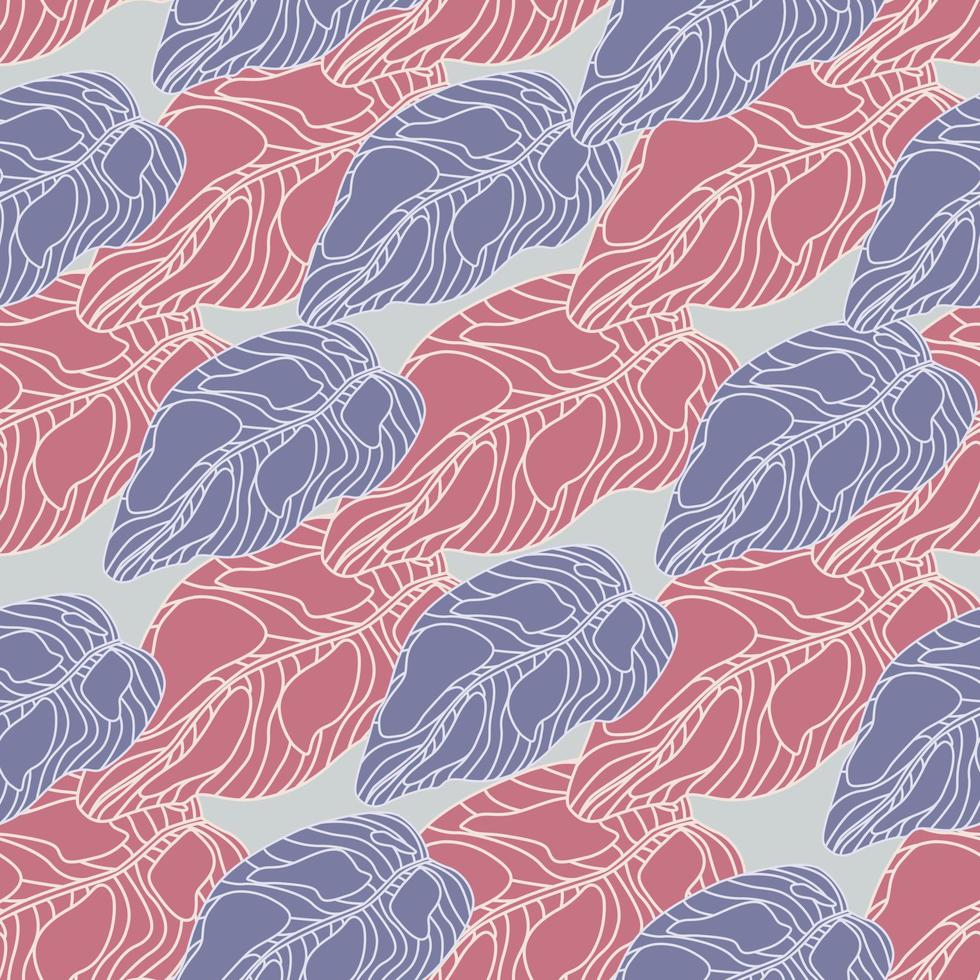 Doodle decorative seamless pattern with pink and blue pastel leaves simple print. vector