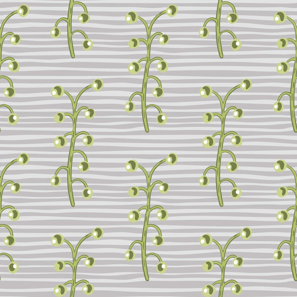 Hand drawn seamless pattern with green colored berry branches ornament. Striped purple background. vector