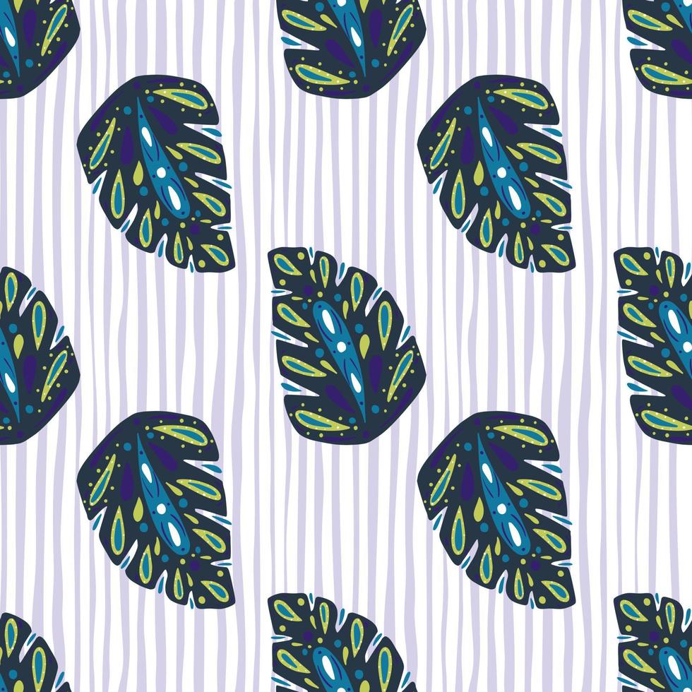 Navy blue folk monstera leaf print seamless pattern in doodle style. Grey striped background. vector