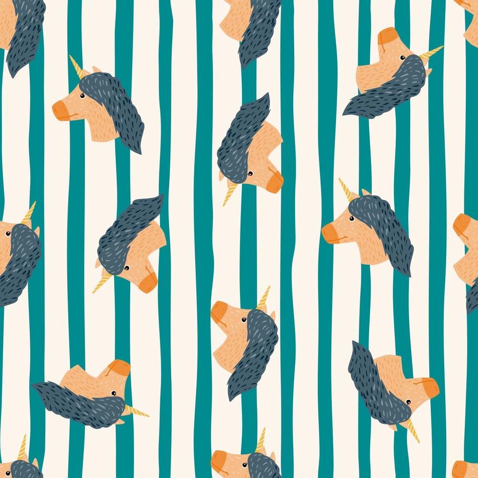 Seamless random pattern with unicorn cartoon silhouettes. Childish print with striped white and turquoise background. vector