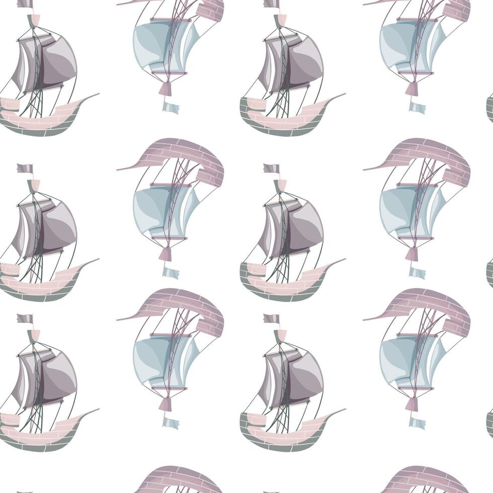 Isolated seamless doodle pattern with simple sailboat ornament. White background. Adventure backdrop. vector